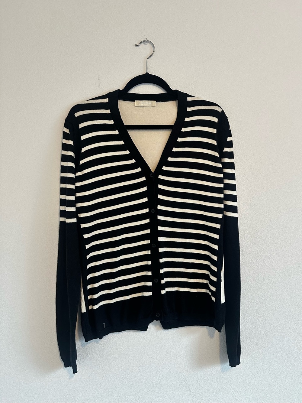 ‘S Max Mara Black White Striped Cardigan Cashmere Cotton Silk Blend Size L